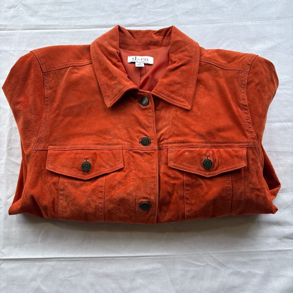 D&Co Women's Suede Leather Jacket M Burnt Orange Button Front Lined